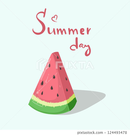 Postcard with watermelon slices, leafs and cubes of ice, red heart. With hand lettering. Vector flat illustration. Summer day, blue background. Postcard with watermelon slices, leafs and cubes of ice, red heart. With hand lettering. Vector flat illustration. Summer day, blue background. 124493478