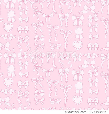 Outline Vintage Coquette Seamless Pattern. Ribbon Bow on Pink Background. Aesthetic Romantic Gently Girly Vibe. Trendy Whimsy patterned linear hand drawing backdrop. Vector illustration 124493494