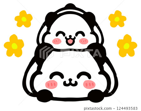 可愛的熊貓父母和孩子塗鴉風格插畫素材 124493583