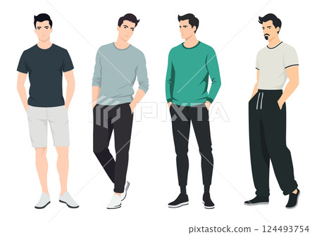 Relaxed Men s Casual Style. A set of men dressed in relaxed, modern outfits, including basic t-shirts, sweatpants, and casual sneakers. 124493754