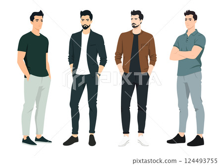 Smart Casual Men s Outfit Ideas. A group of men in smart casual outfits, featuring a mix of blazers, jackets, and casual trousers. 124493755