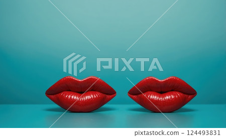 Two Red Lips Against a Vibrant Blue Background Representing Elegance 124493831