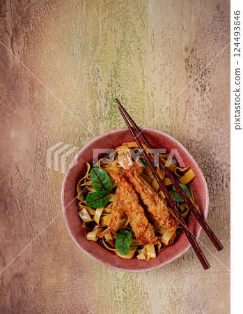 Udon noodles with shrimp in tempura, Japanese cuisine, homemade, no people, Udon noodles with shrimp in tempura, Japanese cuisine, homemade, no people, 124493846