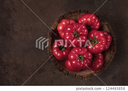 Pink tomatoes, in a rustic wooden bowl, close-up, no people, Pink tomatoes, in a rustic wooden bowl, close-up, no people, 124493858