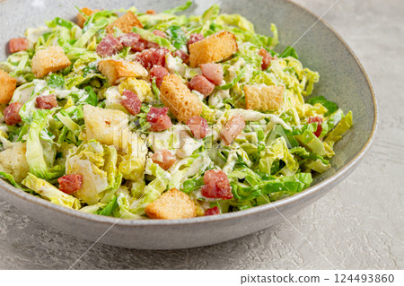 Brussels sprouts Caesar salad, with bacon and croutons, healthy food, homemade, no people, Brussels sprouts Caesar salad, with bacon and croutons, healthy food, homemade, no people, 124493860