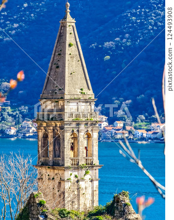 Perast: Church and Tower of St. Nicholas - Historical Landmark, Montenegro. 124493908