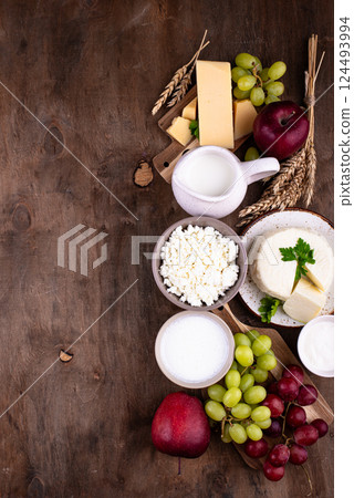 Judaic holiday Shavuot concept. Tzfat cheese and dairy products Judaic holiday Shavuot concept. Tzfat cheese and dairy products 124493994