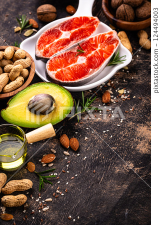 Healthy fat concept. Product with omega 3. 124494003