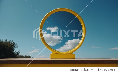 Circular Mirror Reflects Cloudy Sky with Bright Blue Outdoors Background 124494263