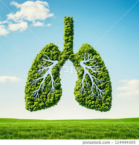 A pair of lungs made from green leaves against blue sky and green field 124494305