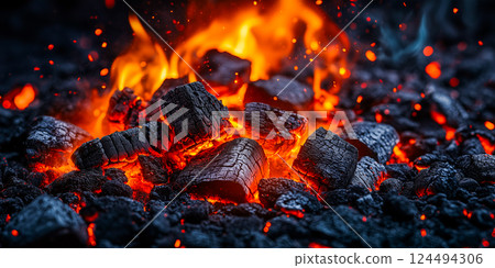 Burning charcoal with flames on black background 124494306