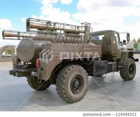 Military Rocket Launcher Truck at Exhibition Military Rocket Launcher Truck at Exhibition 124494321