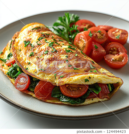 A spinach and tomato omelet is beautifully arranged on a plate, garnished with parsley. 124494423