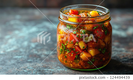 A vibrant jar of homemade ratatouille, showcasing fresh garden vegetables and aromatic herbs. 124494439