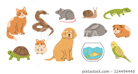 Cute pet set: cat, dog, rabbit, guinea pig, hamster, rat, parrot, fish, snake, turtle, lizard and snail. Cartoon domestic animals collection. Vector flat illustration isolated on white background 124494448