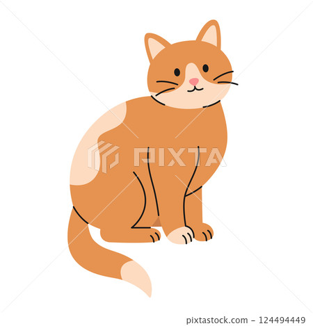 Cute spotted ginger cat sitting on white background. Isolated orange kitten. Adorable pet. Domestic animal in simple style. Vector flat illustration for pet shop, veterinary clinic 124494449