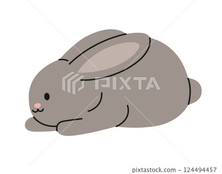 Cute grey rabbit sitting on white background. Isolated bunny. Adorable pet. Domestic or wild animal in simple style. Vector flat illustration for pet shop, veterinary clinic 124494457