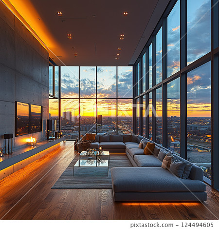 Elegant penthouse living room boasts a stunning sunset view over the cityscape through expansive windows. Elegant penthouse living room boasts a stunning sunset view over the cityscape through expansive windows. 124494605
