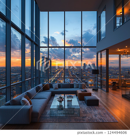Dramatic sunset paints the sky viewed from a modern apartment with floor-to-ceiling windows, overlooking the vibrant city. 124494606