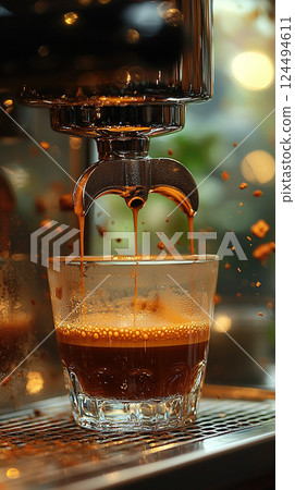 A rich, dark espresso is freshly brewed, dripping into a clear glass for a perfect morning pick-me-up. 124494611