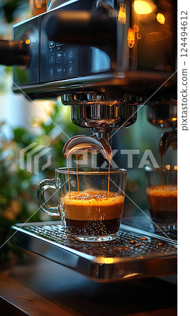 A rich, dark espresso is freshly brewed, dripping into a clear glass for a perfect morning pick-me-up. 124494612