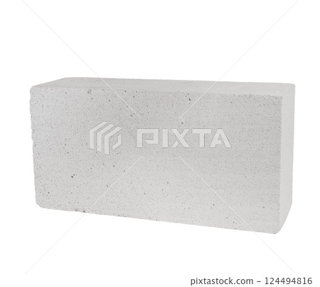 Lightweight aerated concrete block isolated on white background. Construction material for walls, buildings, and insulation. 124494816