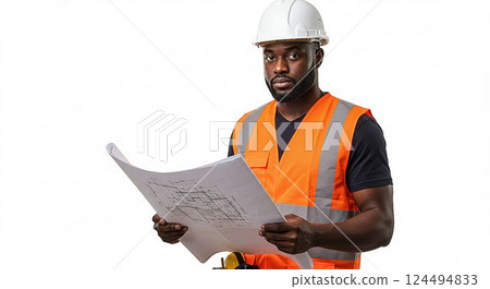 Engineer wearing an orange vest and helmet isolated on white 124494833