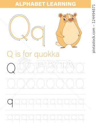 A learning worksheet illustrates tracing uppercase and lowercase letter Q for alphabet practice with a cartoon illustration of a quokka. A learning worksheet illustrates tracing uppercase and lowercase letter Q for alphabet practice with a cartoon illustration of a quokka. 124494871