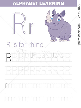 An educational worksheet for children, featuring the letter 'R' and a cartoon rhino, to practice alphabet learning and handwriting skills. An educational worksheet for children, featuring the letter 'R' and a cartoon rhino, to practice alphabet learning and handwriting skills. 124494872