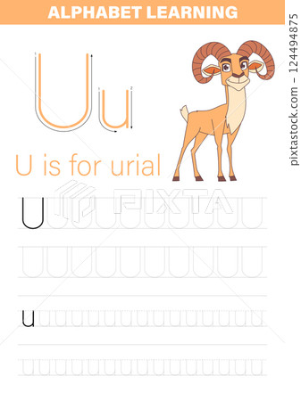 Educational page featuring letter 'U' and an image of a urial for kids to practice writing. Alphabet Learning. 124494875