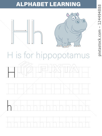 An educational tool for learning the alphabet, showcasing the letter H with a guide on how to write it, and a cute hippopotamus graphic. 124494888