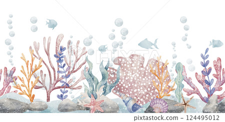 Watercolor illustration of an underwater Seabed with colorful corals, fish, bubbles, and sea plants. Drawing of seamless Pattern with seaweeds for borders or nursery wall art. Art for baby design. 124495012
