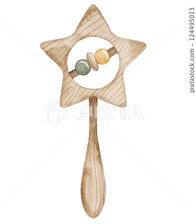 Watercolor illustration of wooden Baby Rattle with a star-shaped frame and beads. Drawing of childish eco Toy for baby shower invitations or newborn party greeting cards. Art for kids design. 124495013