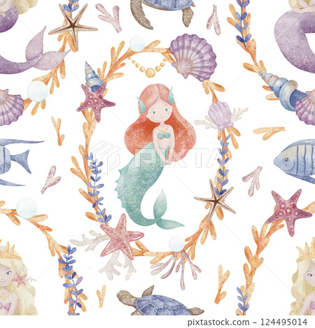 Mermaids seamless Pattern with cute underwater princess and frames of corals and seashells for nursery wallpaper or childish wrapping paper. Illustration of nautical ornament for kids design. 124495014