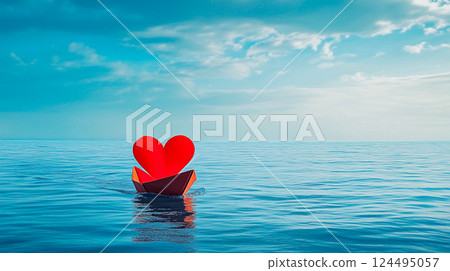 A ship with a red-coloured sail floats on blue water in the sea. A love adventure. Romantic background for Valentine's Day with space for text. This is AI-generated item 124495057