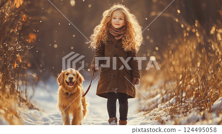 A cute little girl with long blonde hair walks with a golden retriever labrador in a snowy sunny park. Purebred dog on a walk with a lovely child. This is AI-generated item 124495058