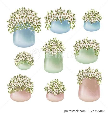 White flowers primroses in blue, green, beige ceramic pots. Watercolor illustration isolated on white. Floral set of foget-me-not in flower pots hand-drawn botanical style for spring design. 124495063