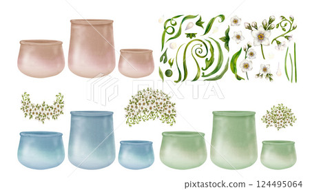 White flowers primroses in blue, green, beige ceramic pots. Watercolor illustration isolated on white. Floral set of foget-me-not in flower pots hand-drawn botanical style for spring design. 124495064