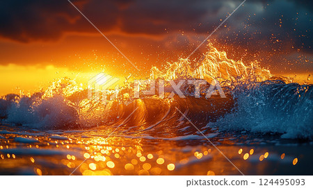 Experience the awe of a golden wave illuminated by the radiant hues of the rising sun over the ocean. 124495093