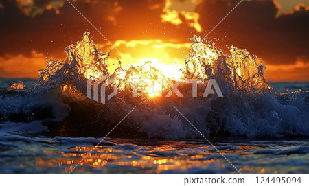 Experience the awe of a golden wave illuminated by the radiant hues of the rising sun over the ocean. 124495094