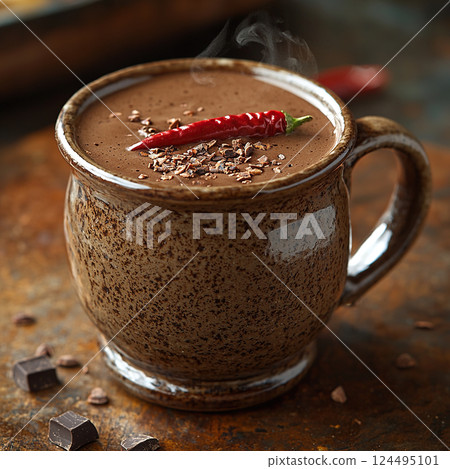 A steaming mug of spicy hot chocolate is garnished with a red chili and cacao nibs for a flavorful treat. 124495101