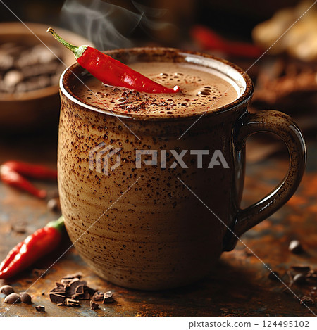 Aromatic mug of spiced Mexican hot chocolate featuring a red chili pepper, ready to be enjoyed. 124495102