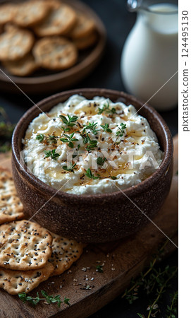 A rustic bowl of creamy ricotta cheese with thyme and honey, served with crackers on a wooden board. 124495130
