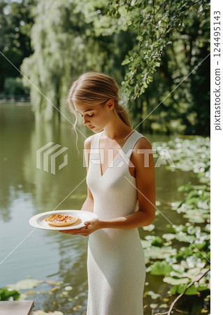 A woman is holding a plate with a pie on it 124495143