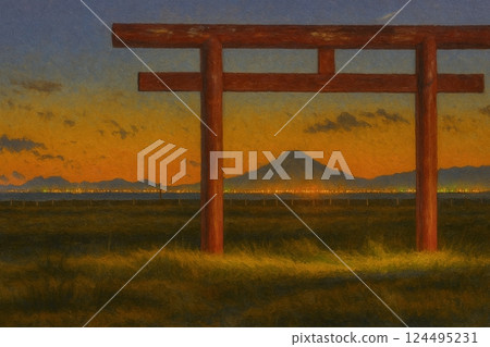 Mount Fuji and city lights at dusk seen through a torii gate 124495231