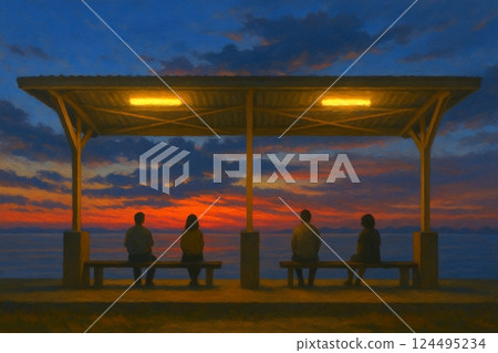 The Shimonada Station platform bathed in twilight 124495234