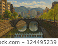 Scenery of Meganebashi Bridge in Nagasaki | Riverside stone bridge and townscape 124495239