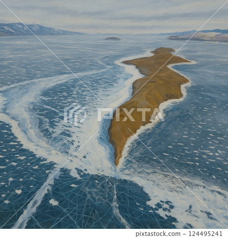 冬季的貝加爾湖和被冰雪包圍的小島 124495241