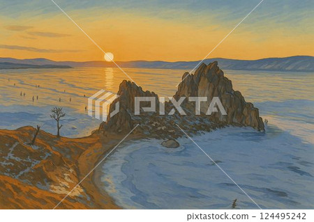 冬季貝加爾湖和薩滿岩的夜景 124495242