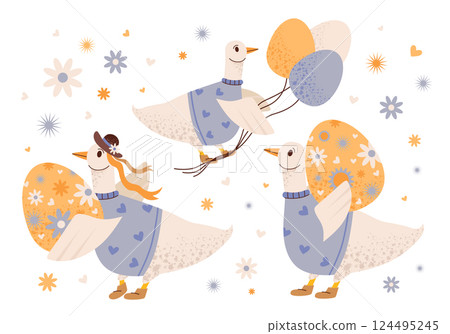 Easter geese, decorated eggs and festive spring flowers. Christian celebration. Cute and cheerful spring set with Easter cartoon geese in different poses. Vector flat children's illustration. 124495245